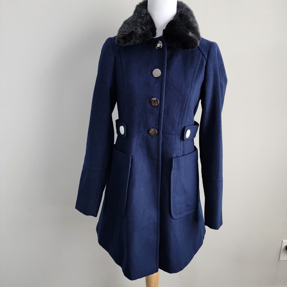 Dorothy Perkins Pea Coat Womens US 2 Blue Formal Faux Fur Doll Princess Skater